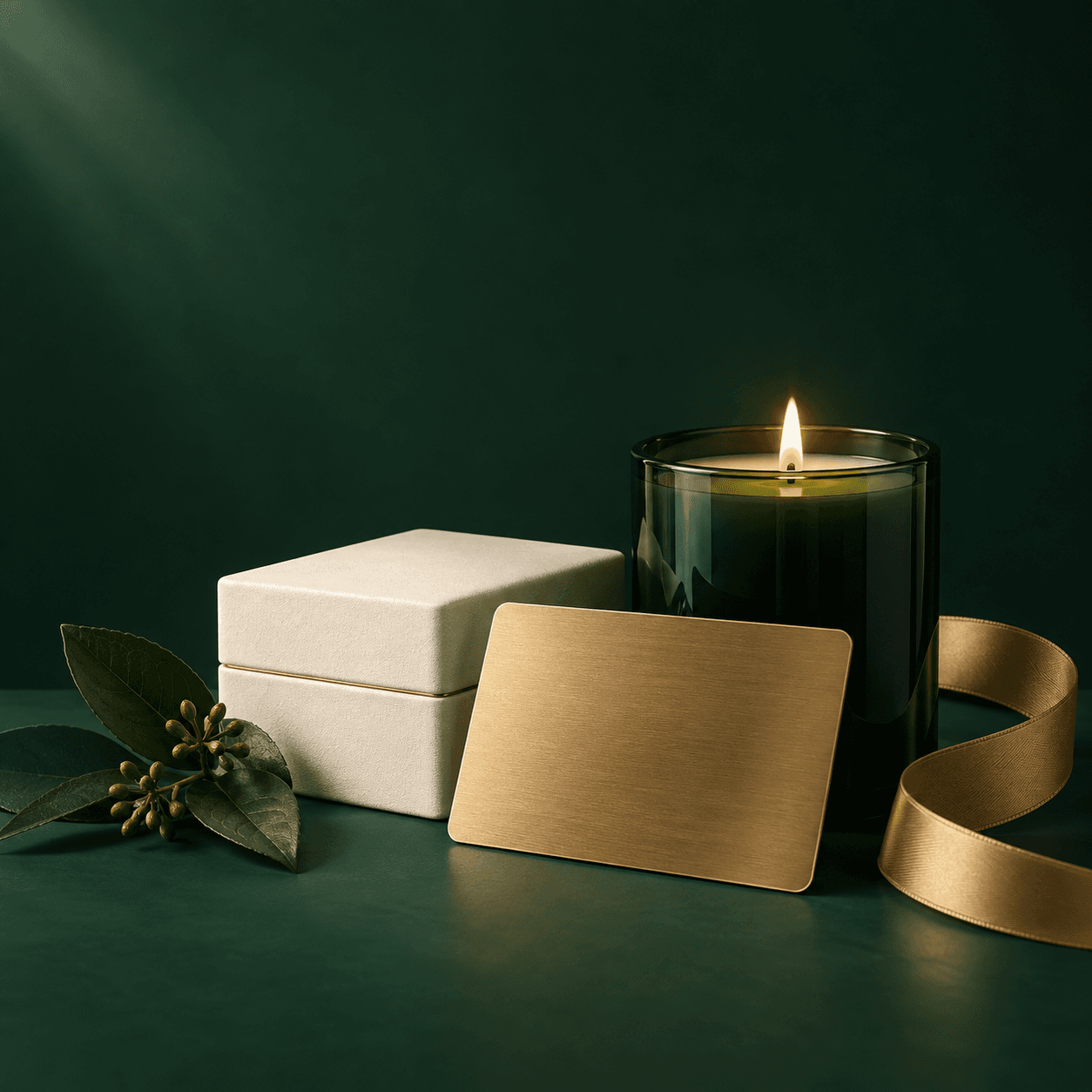 Forest-green candle and gold membership card arranged for ECLA Circle