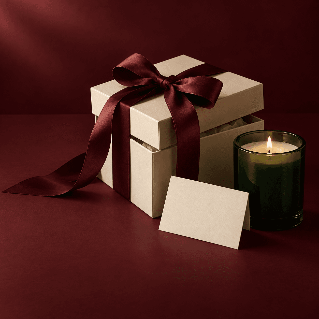 Ivory gift box and forest-green candle arranged for ECLA VITA gifting