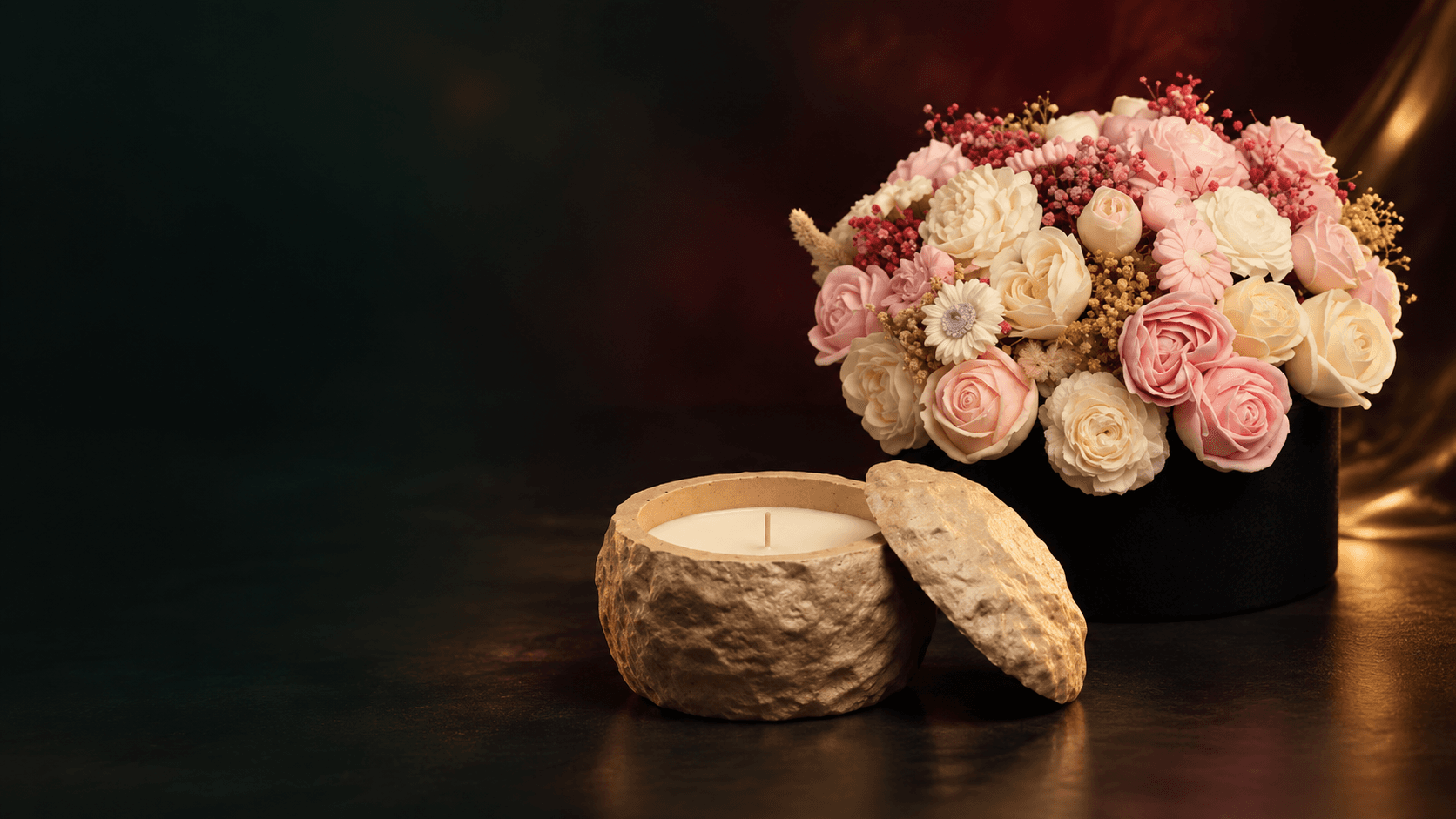 Black Rose arrangement with the Lunar Stone candle