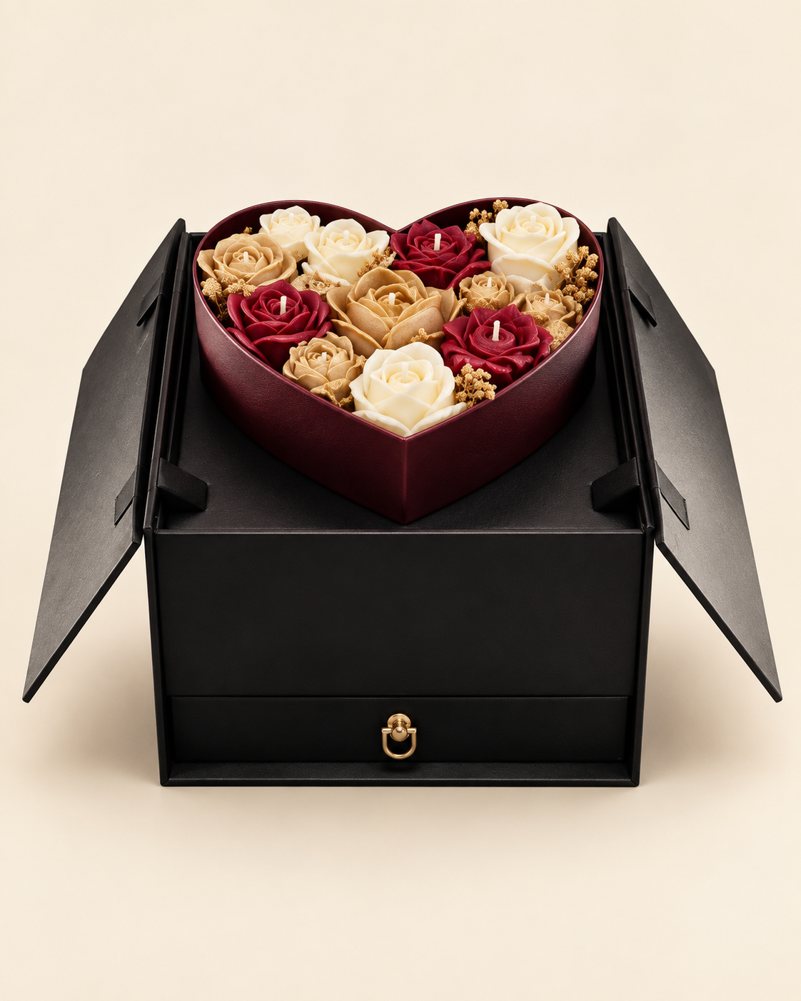 Golden Rose, heart box arrangement, catalogue product view